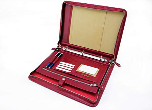 Noda Padfolio Portfolio-Ordner, mit Reißverschluss Interne Halterungen für iPad/Tablet (bis 25,7 cm / 10,1 Zoll), Handy und Visitenkarten. Echt Leder Etui Briefgröße Notizblock rot