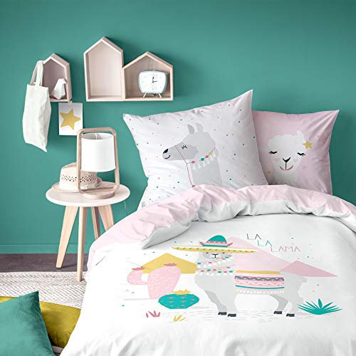 MATT & ROSE Parure de Lit Fille 140x200 cm NO Drama Lama | 100% Coton | Oeko-Tex | Housse de Couette Enfant 140x200 cm + 1 Taie d'oreiller 63x63 cm Imprimées Réversibles | Blanc, Rose