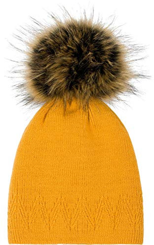 styleBREAKER Unisex warme einfarbige Strick Bommelmütze mit Zacken Muster, Abnehmbarer Kunstfellbommel, Winter Mütze 04024181, Farbe:Curry