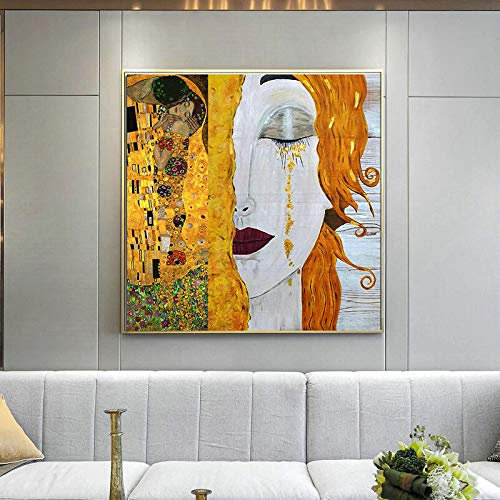 Pintura famosa Gustav Klimt Lágrimas y besos dorados Pintura al óleo Abstrat Decoración en lienzo Arte de la pared del hogar Decoración 70x70cm (28x28) Sin marco