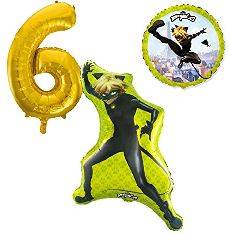 Cat Noir Ballonset Ballon mit goldener Zahl 6 Kindergeburtstag Heliumgeeignet Deko Kindergeburtstag Partygeschirr Dekoration für Geburtstag Party Mottoparty Motto Luftballons