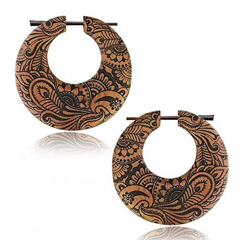 viva-adorno Holz Ohrringe geschnitzt Creolen Blüten Blumen Tribal Gravur Ohr Piercing Pin Ohrringe graviert CE20, Creolen