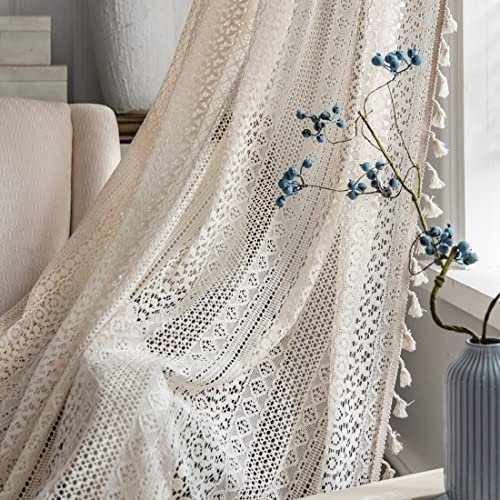 2 pannelli di tende trasparenti in stile bohémien, rustiche, fatte a mano all'uncinetto, vintage, con nappe, tende cave, in pizzo, per camera da letto, soggiorno, decorazione per la casa, colore