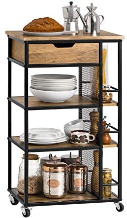 SoBuy Carrito Auxiliar con Ruedas, Carrito Cocina con 1 Cajón 3 Estantes y Estantes Laterales, Mueble Auxiliar de Cocina, Carro Herramientas Estilo Vintage 50 x 37 x 87 cm FKW99-N