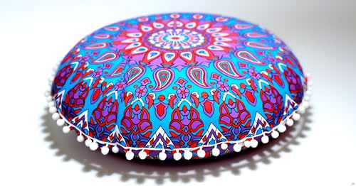 Runder Mandala-Bodenkissenbezug, Sitzkissen, Überwurf, Ottomane, Pouf, Pouf, Bezug, Pompon, Hippie, dekorativ, Bohemian, Boho, Indisch, 55,9 cm (lila-blau)
