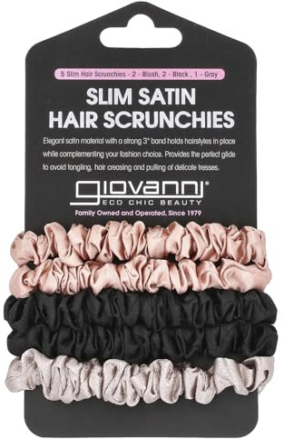 GIOVANNI Slim Satin Hair Scrunchies - Silk Hair Ties, Small Silk Scrunchies for Hair, Satin Hair Ties, Silk Skinny Scrunchies, For Healthy-Looking Hair & Skin - Scrunchie Pack of 5