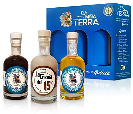 Pack/Caja que contiene 3 Botellas de 200 ml Tres variantes de los licores tradicionales Licores elaborados y envasados en Galicia. (Hierbas+ Cafe + Crema)