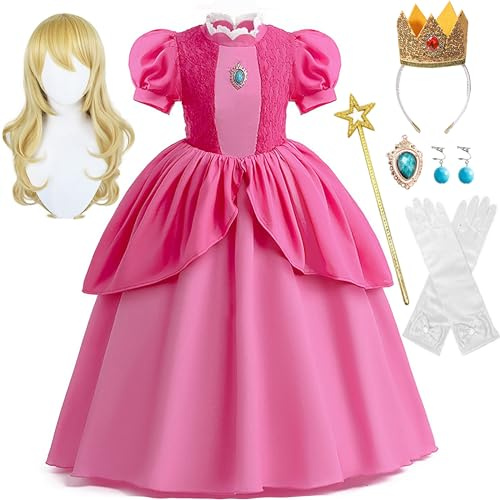 IKALI Kinder Peach Kostüm, Mädchen Prinzessin Fancy Dress Outfit Super Bros Rosa Kleid für Karneval Geburtstag Party mit Stirnband Ohrringe Handschuhe Zauberstab Brosche & Perücke 7 Stück 7-8Jahre