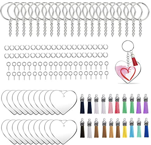 ANBOWEI Porte-clés Acrylique Transparent Kit - avec Vierge Acrylique en Forme de Cœur, Porte-clés avec Chaîne, Glands Pendentifs, Anneaux Ouverts y Vis Yeux pour Bricolage - 140 Pièces
