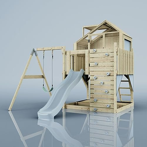 Rebo Spielturm mit Spielhaus inkl. Wellenrutsche und Baby-Schaukel | Outdoor Klettergerüst Garten | Kletterwand und Kletterleiter | Stabile Konstruktion, Weiches Gefühl in den Seilen