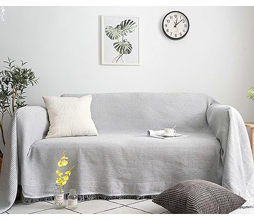 Couchbezug 230x250cm, Waffelmuster mit Quasten Bezug Sofa 2 Sitzer Überwurf Sofa Katzenschutz Grau Sofa Überzug für Wohnlandschaft