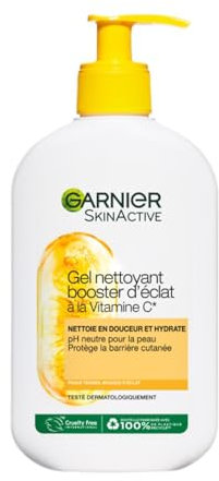 GARNIER Skin Active - Gel Nettoyant Booster D'Éclat - pH Neutre - Démaquille En Douceur, Hydrate & Illumine - Enrichi En Vitamine C & Glycérine - Vegan & Cruelty Free - Tous Types de Peaux - 250 ml