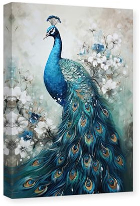 CXHOSTENT Eleganz-Pfau-Leinwandkunst Tiergemälde Druck Vintage-Stil blauer Pfau und Weißes Blumenbild Kunstwerk Dekorrahmen (Pfau - 1, 70.00 x 105.00 cms)