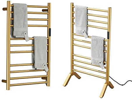 XMGJ Electric Towel Warmers Radiator with Timer Gold, 140W Wall-Mounted & Freestanding Heated Towel Drying Rack with 11 Bars, 304 Stainless Steel Heated Towel Rail for Bathroom, Plug-in