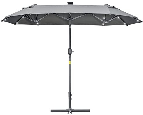 Outsunny Sombrilla Doble 295x150x219 cm Sombrilla de Jardín con Luces LED Solares Techo con Inclinación Ajustable y Manivela Manual para Patio Piscina Playa Gris