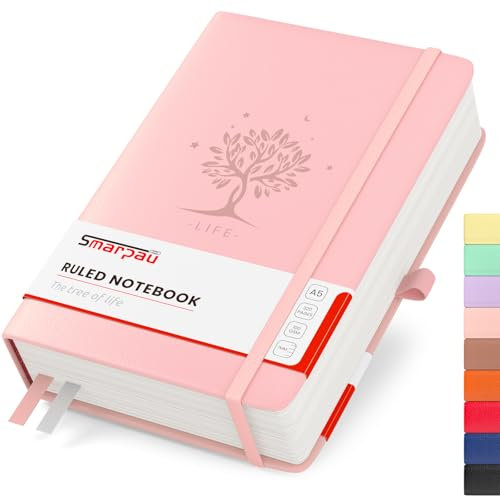 Smarpau Notebook A5-320 Pages Hardcover Leather Journal Notebook, 100gsm Thick Paper, College Ruled Lined Journals for Women Men Writing School Office, 14.5 x 21cm - Pink