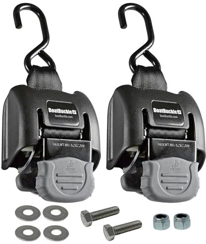 BoatBuckle G2 Transom Boat Tie Down Straps to Trailer 2x43-Inch, 2500lbs Break Strength, Bolt On Retractable Ratchet Straps Heavy Duty, 2-Pack