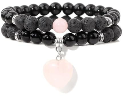 SMTSEC 2Pcs/Set Natural Stone Beads Bracelet Volcanic Lava Rock Stone Stretch Bracelet Black Obsidian Beaded Bracelet Rose Quartz Heart Pendant Fashion Bangle for Men Women Couple