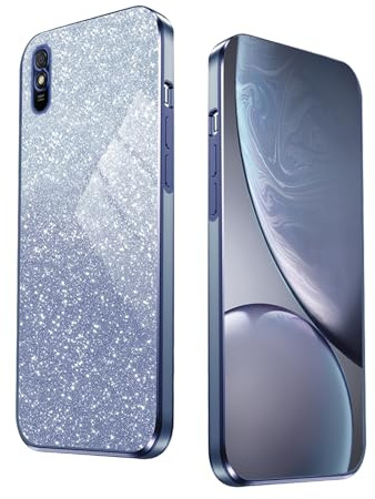 WBWONE Glitter Hülle für Xiaomi Redmi 9A / Redmi 9AT, mit Elektroplattiertem Rand, Stoßfestes Handyhülle, Schutzhülle mit Funkeln Aufkleber - Blau