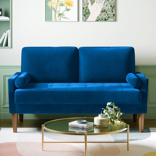 Vesgantti Small 2 Seater Sofa in Blue - Modern Love Seat with Spring Cushion and Wood Legs, Comfy Velvet Couch for Living Room, Bedroom, Office