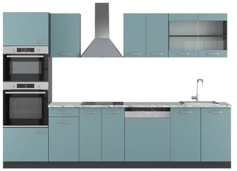 Vicco Küchenzeile R-Line, Blau-Grau/Anthrazit, 300 cm mit Hochschrank, AP Marmor