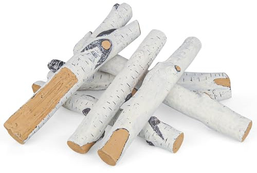 Set di tronchi per caminetto a gas, in ceramica, betulla bianca