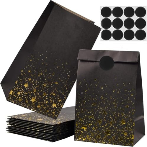 Dokeno Geschenktüten, 12 Stück Papiertüten mit Aufkleber, Gastgeschenke Tüten mit Sternenmuster, Candy Tüten zum Verpacken von Geschenken, Giveaways, Kindergeburtstag, Hochzeit, Party, Usw (Schwarz)