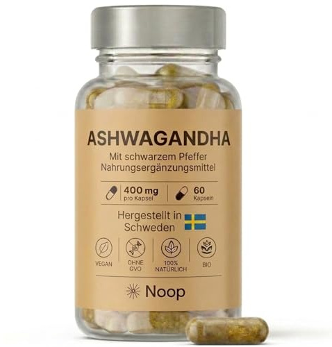 Noop Ashwagandha (Indisk Ginseng) 400 mg - 60 Kapslar - 2 Månaders Förbrukning - Svensktillverkad Stresshantering & Sömnkvalitet - Naturligt Kosttillskott för Mental Klarhet