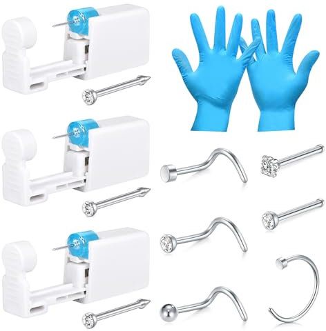 LAURITAMI Kit pistolet piercing nez,4 pièces pistolet à piercing nez avec fiche neze, sécurité Portable auto piercing nez Argent Set avec 6 piercing nez fiche anneau et gants