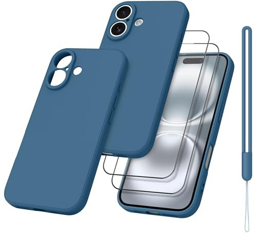 Meliya Coque pour iPhone 16 avec 2 Pieces Verres Trempés, Étui en Silicone avec Doublure en Microfibre Souple, Conception Spéciale de Bord Droit pour iPhone 16 6.1” avec 2 Pieces Verres Trempés