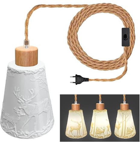 3D-Druck Kronleuchter Hanfseil mit Stecker, 5 m Kabel, Hängeleuchte mit Schalter, E27-Fassung mit Hirschmotiv, 3D-Lampe, Lampenschirm, Hängeleuchte mit Stecker, ohne Leuchtmittel