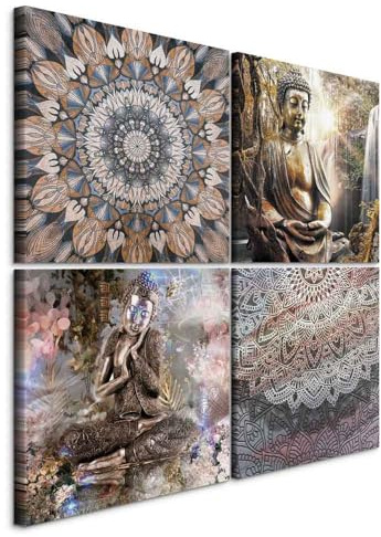 murando - Leinwandbild Set Buddha, 80x80 cm, 4-teilig, Schlafzimmer, modern | Hochwertige Leinwand, sofort aufhängbar, ideal fürs Wohn- oder Schlafzimmer, wasserfest und lichtecht, langlebig, stilvoll