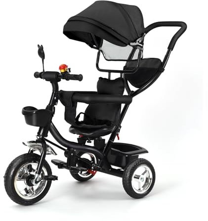 Dreirad 4 in 1, Kleinkind-Dreirad mit Verstellbarem Schubstange Lenksystem, Kinderdreirad mit Sonnenschirm, Klingel, Spiegel, Bequemer Sitz (Schwarz)