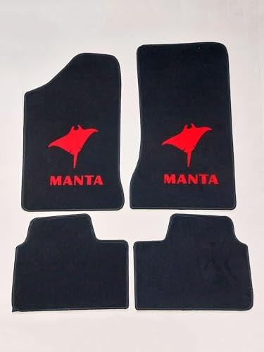 Autoteppich Stylers Premium Velours Fußmatten Set für Opel Manta B, Schwarz mit Roter Manta-Rochen, Handgefertigt in Deutschland