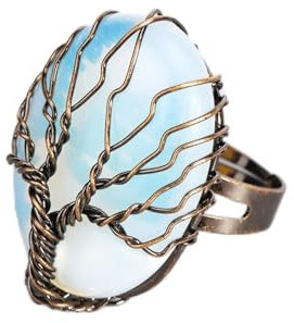 Hasdnker Anillo Anillos Mujer Hombre Rings Antique Rings For Women Vintage Finger Jewelry Egg Shape Natural Stone Bead Wire Wrapped Tree of Life Adjustable Ring Opal