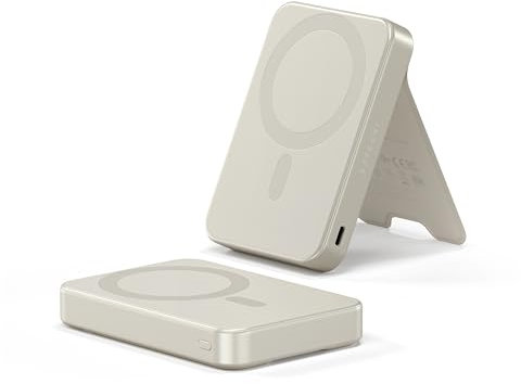 SATECHI OntheGo™ Batería Externa MagSafe 10000mAh con Soporte Plegable, Power Bank Qi2 con Carga Rápida 15W, Batería Portátil con Soporte para Series iPhone 17 16 15 a 12, Android y más – Beige