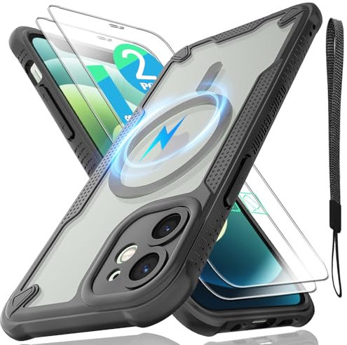 for iPhone 12 mini Case, Translucent Matte Back Compatible with Magsafe Magnetic Slim Shockproof Protective Case with Lanyard Strap and 2*9H Tempered Glass Screen Protector Phone Cover 5.4”-Black
