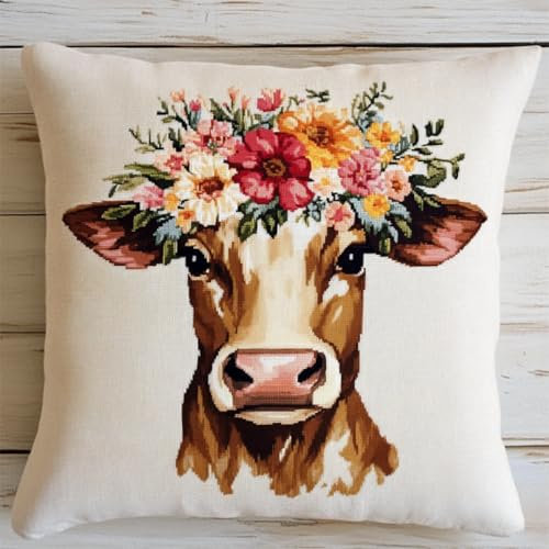 ANSIWEIGO Kit Complet de Coussin à Crocheter 43x43 cm,Vache portant une guirlande,DIY Point Noué avec Fermeture Éclair,Décoration pour Canapé,Salon,Chambre,Enfants et Adultes