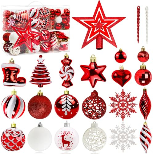 Weihnachtskugeln im 132er Set,Ø 3-6cm Kunststoff Christbaumkugeln Christbaumschmuck Anhänger mit Baumspitze Stern,Baumschmuck Bruchsicher Weihnachtsbaumschmuck für drinnen und draußen, rot