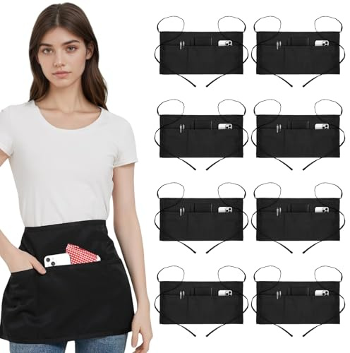 Waist Apron with 3 Pockets, 8 Pack Black Server Aprons, Tabards for Women with Pockets, Water Resistant Cleaning Apron, Long Straps Half Work Aprons for Chef Restaurant Server Work Bar