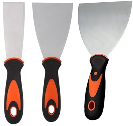 Set Professionale di 3 Spatole in Acciaio Inox, 50mm, 75mm, 100mm, Raschietti per Stucco e Cartongesso con Manico Ergonomico, Nero/Arancio