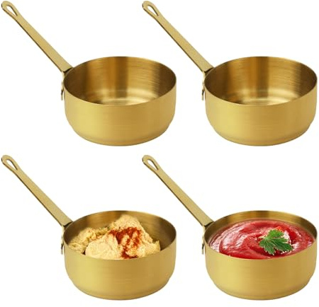 Fatiya 4 Pieces 3.5 Oz Stainless Steel Dipping Sauce Pots with Handle, Metal Ramekins Sauce Cup Dish, Reusable Steel Condiment Bowls Containers for Ketchup Dressing Seasoning (Gold)