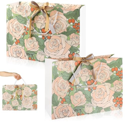 2 Pack Extra Large Rose Gift Bags Set with Handles and Ribbon, 42x30x15cm Colorful Large Paper Bag,Durable Premium Present Bags for Birthday, Wedding, Baby Shower, Anniversary