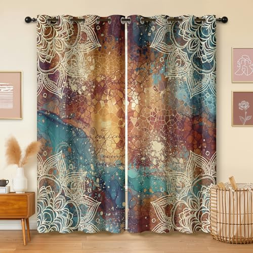 Havenix Mandala Boho Vorhänge Wohnzimmer Blickdichte Abstrakt Rostrot Türkis Gardinen mit ösen Thermo Vorhang Gegen Kälte Verdunklungsvorhänge für Schlafzimmer 2er Set H 245 x B 140 cm