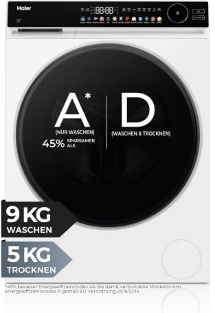 Haier Waschtrockner 9/5kg G7 Serie HWD90-BP14667TU1 | Trocknen), A -45% (Waschen), Leiser Inverter-Motor, Automatik- und Expressprogramm, Vollwasserschutz, Trommelbeleuchtung