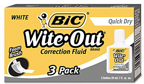 BIC Wite-Out Quick Dry Correction Fluid, 20 mL, White, Goes On Easy With A Reduced Dry Time, 3-Count Pack