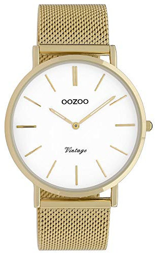 Oozoo Vintage Damenuhr mit massivem grobmaschigem Edelstahl Milanaise Metallband 40 MM Goldfarben/Weiss C9909