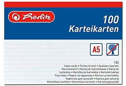 Herlitz Karteikarten A5, 170 g/m², holzfrei, 100er Packung, liniert (Weiß, Menge: 8 Packungen)