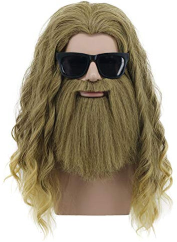 VGbeaty Erwachsene Thor Perücke Lange Lockige Goldbraun Schnurrbart Bart Perücke Cosplay Anime Kostüm Party Perücke