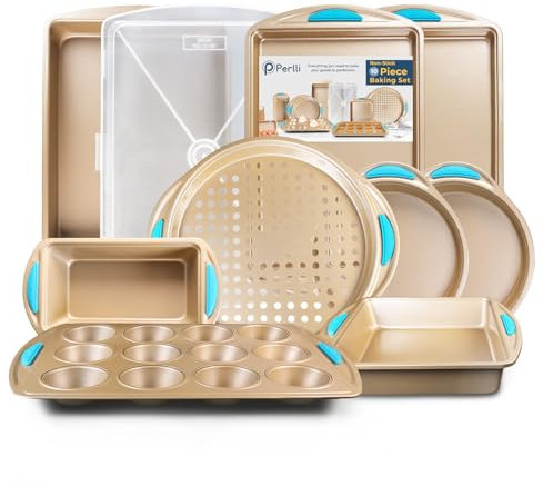Perlli Baking Kit: Nonstick Gold Steel Oven Set - 10 Pieces, Cookie Sheets, Cake Pans, 9x13Pan with Lid, Loaf & Deep Pans, Pizza Crisper, Muffin Pan - Silicone Handles